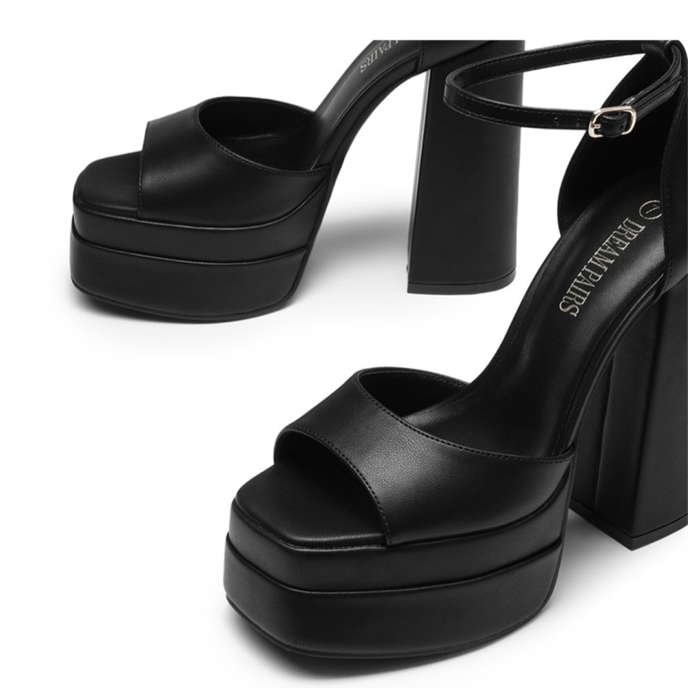 Olivia Ferragamo Black Square Peep Toe Platform Chunky Heel with Ankle Strap 7 - Picture 4 of 11